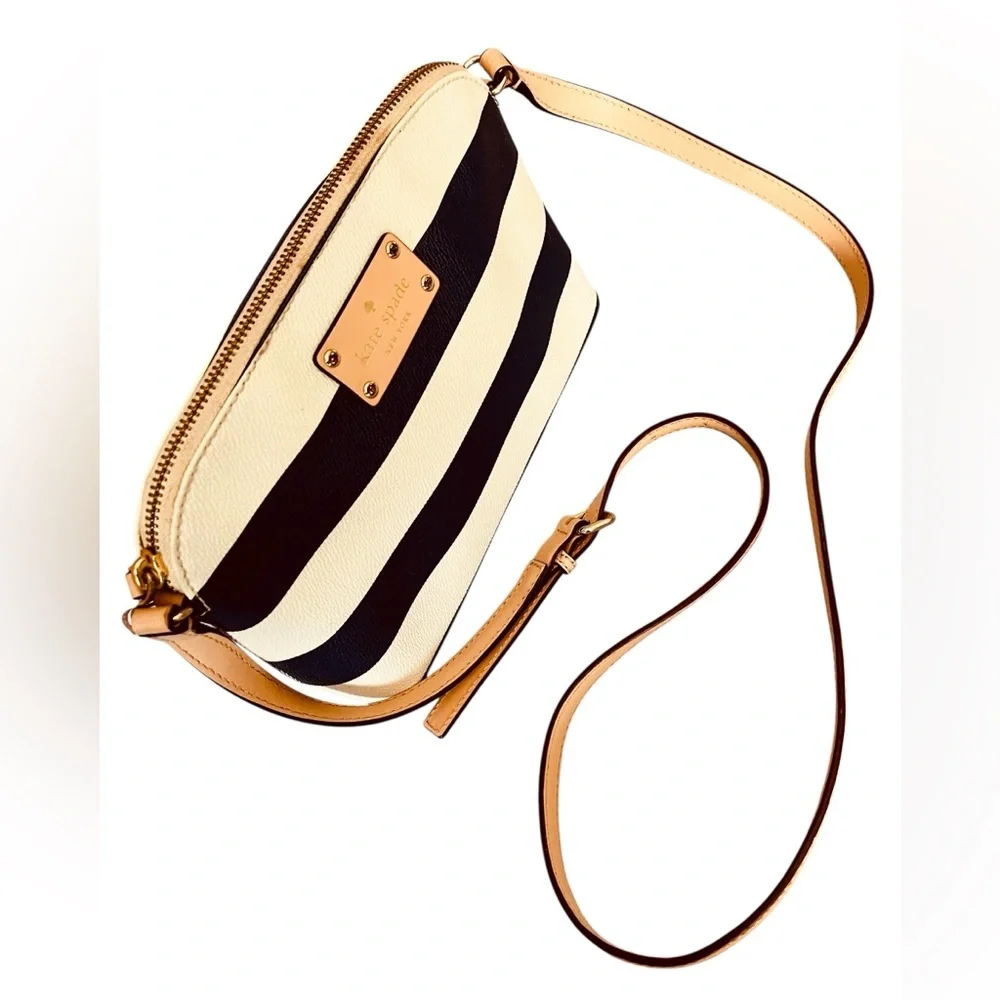 Kate Spade Navy and White Striped Leather Crossbody with Adjustable Tan Strap